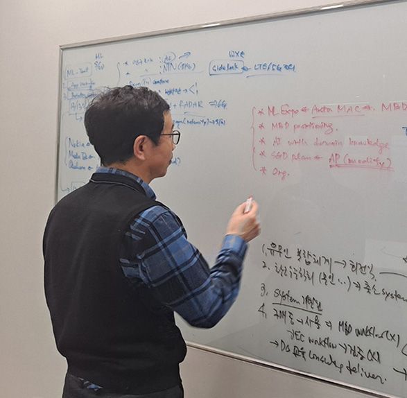 A person wearing glasses and a black vest over a plaid shirt writes on a whiteboard covered with notes and diagrams in an office setting.