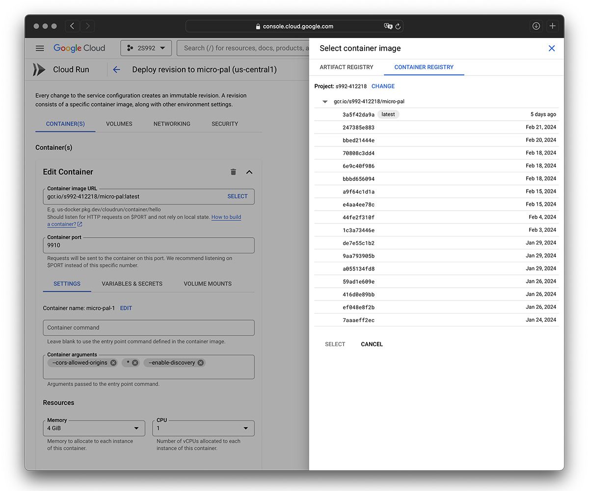 Screenshot showing a list of updated image filenames and configuration for the container with fields for the image URL, the container port, arguments, memory allocation, and number of CPUs allocated to each instance of the container.