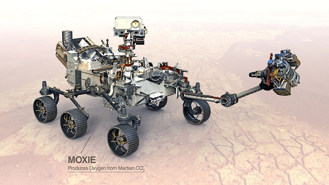 Illustration of the Perseverance rover with a label pointing to the location of MOXIE.