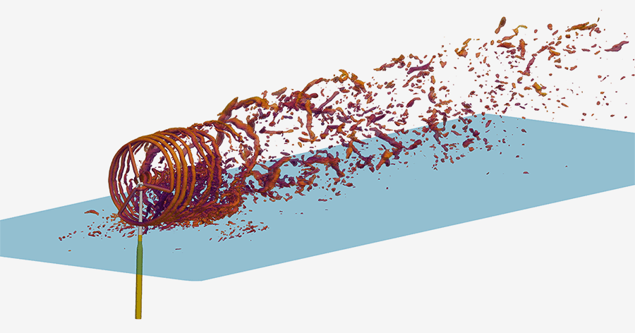 Wind turbine simulation showing downstream turbulence.