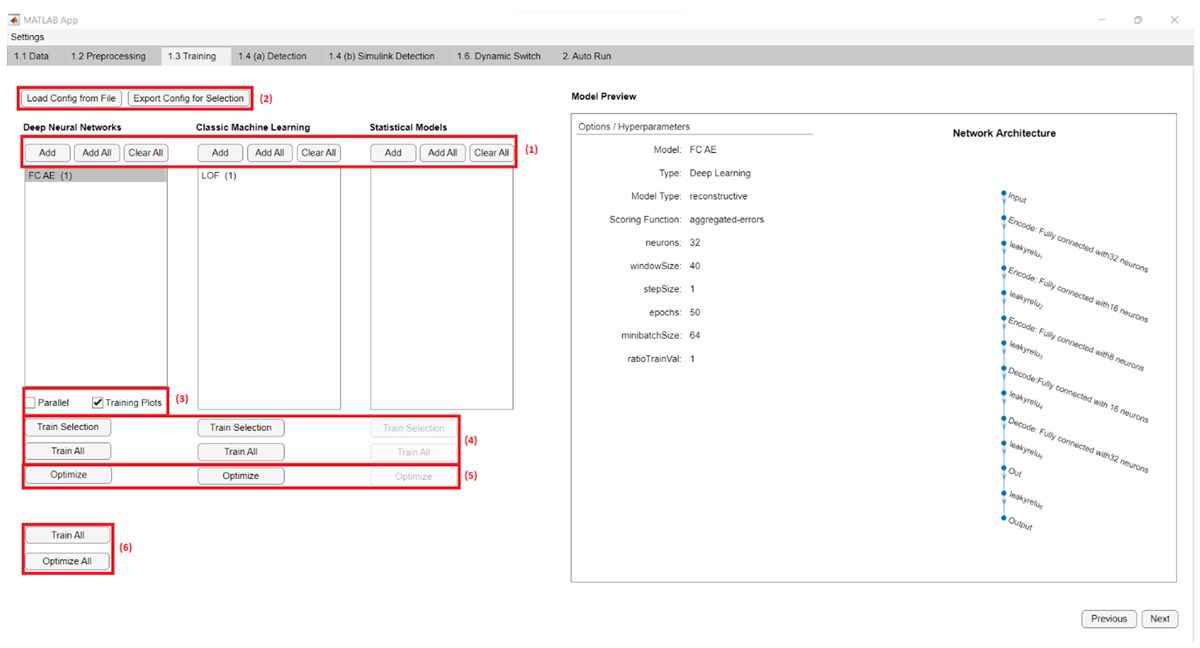 Screenshot of the TSAD interface with the Training tab selected.