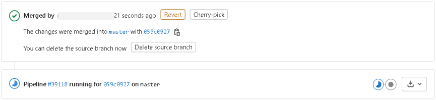 A GitLab merge confirmation message and the pipeline running in GitLab.