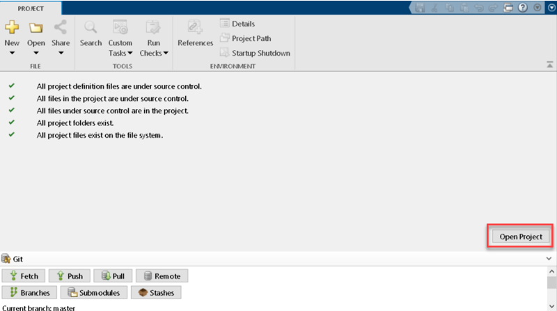 MATLAB Project tab showing the completed project conversion actions and the Open Project button.