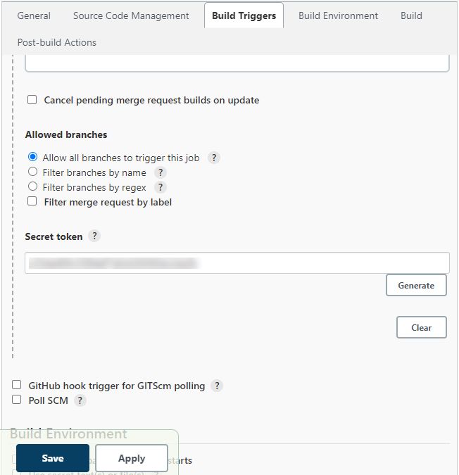 Another screenshot of the Build Triggers tab. Under the Allowed branches, section, “Allow all branches to trigger this job” is selected. There is a form for the Secret token, which is blurred out. There are save and apply buttons.