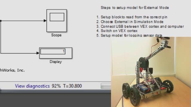 Learn to use Simulink external mode with VEX Cortex Microcontroller to acquire and log sensor data over a serial USB connection.