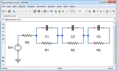 Equivalent circuit of a battery with three distinct time constants, internal resistance, and open circuit potential.