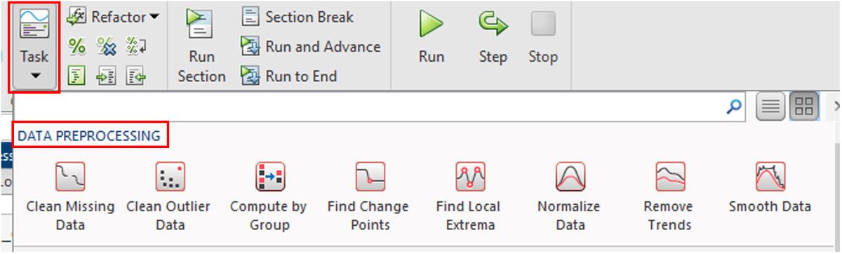 Screenshot of the Data Preprocessing toolbar in MATLAB, providing a selection of interactive tasks to choose from to perform data cleaning.