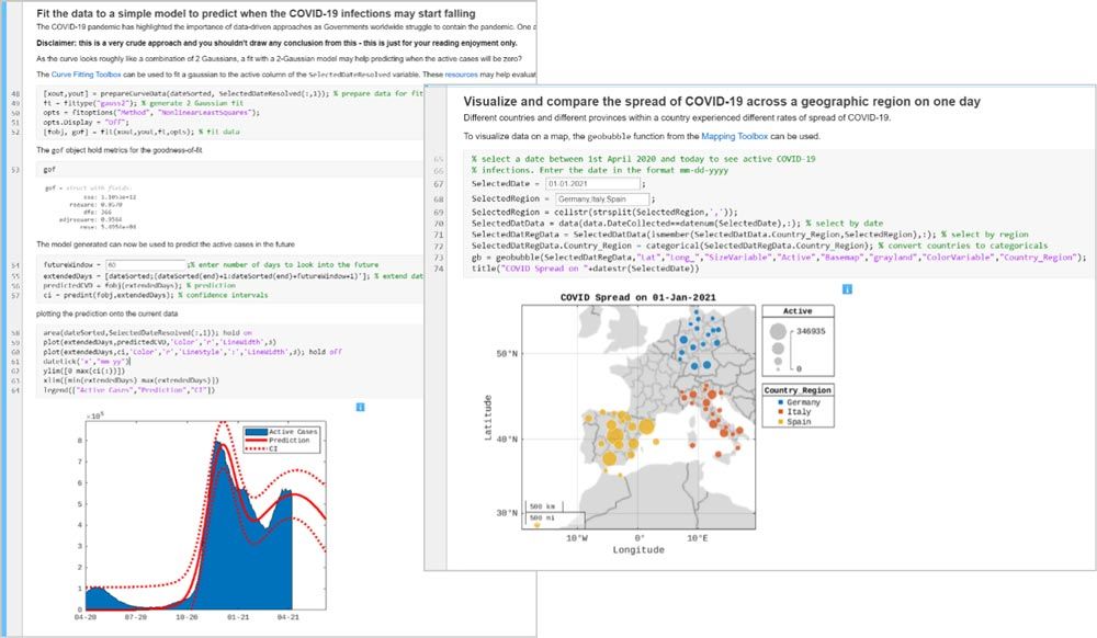 Example MATLAB Live Script combining code, text, figures, and UI controls in a computational notebook.