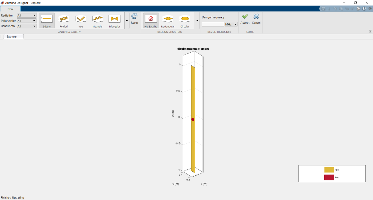 Antenna designer app canvas showing the different types of antenna in a drop down list. This canvas also shows the dipole as the default antenna.