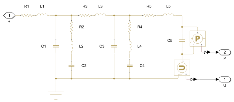 Equivalent circuit to the Ear Drum Impedance block as a Simscape model.