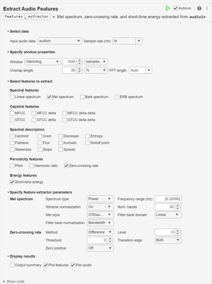 Extract Audio Features task in Live Editor