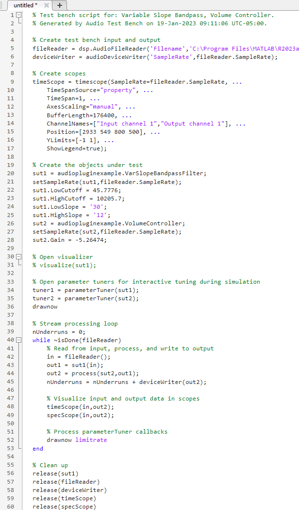 Screenshot of generated code in an untitled script in the editor