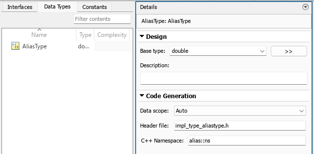 Architectural Data Editor Data Types tab and Details pane. Header file and C++ Namespace are specified for AliasType.