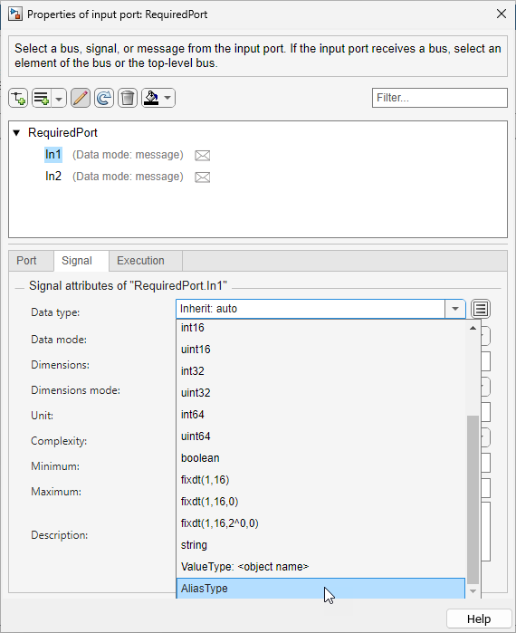 Properties of input port: RequiredPort dialog box. Attributes of RequiredPort.In1 are open. Data type options are expanded and AliasType is highlighted.