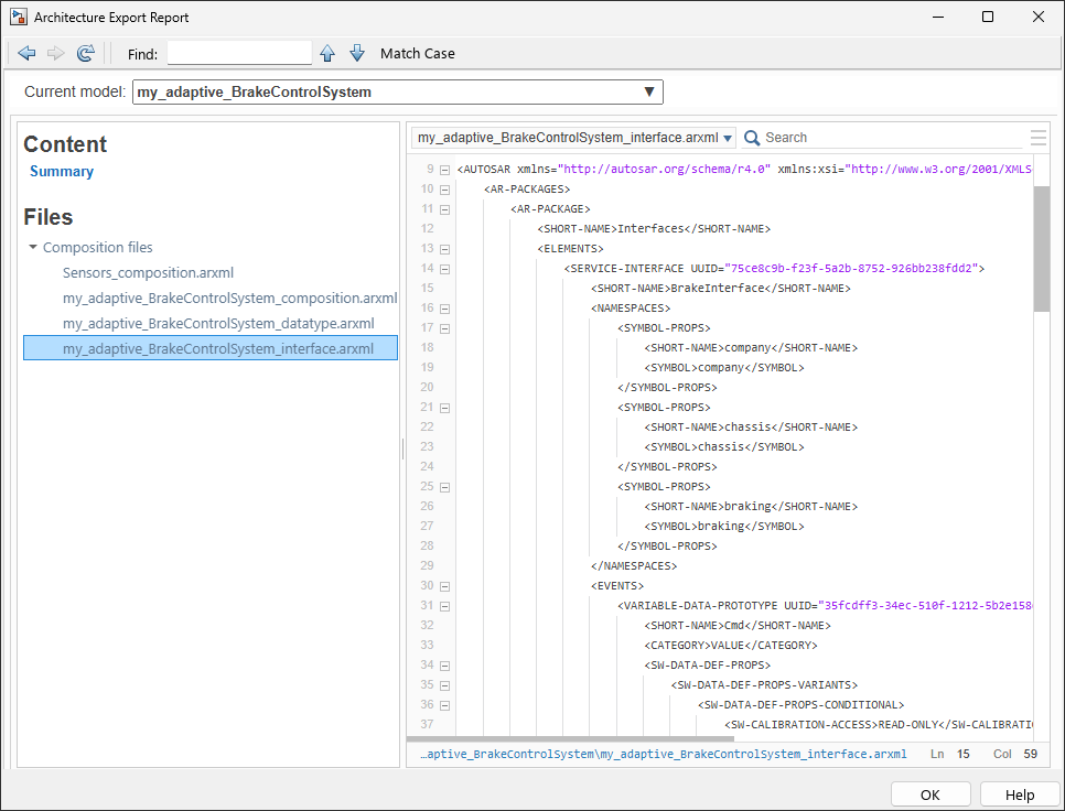 Architecture Export Report, my_adaptive_BrakeControlSystem is the current model, my_adaptive_BrakeControlSystem_interface.arxml is selected and contents displayed.