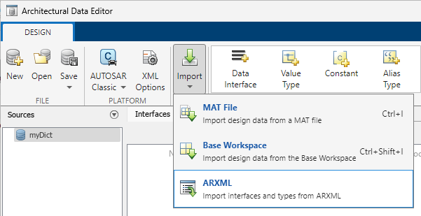 ARXML file selection from Import from file button.