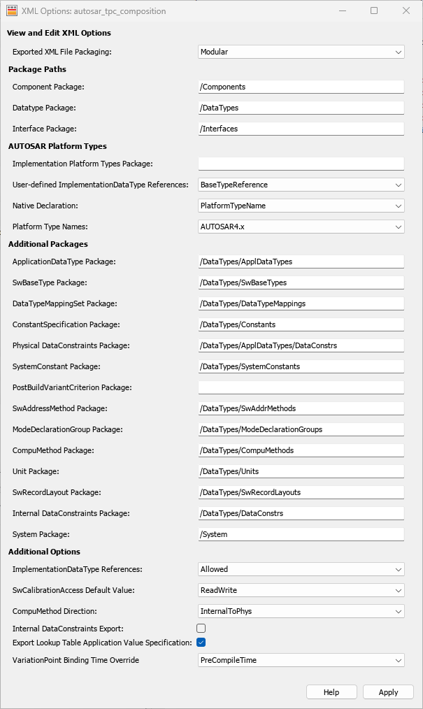 XML options for an AUTOSAR classic architecture model