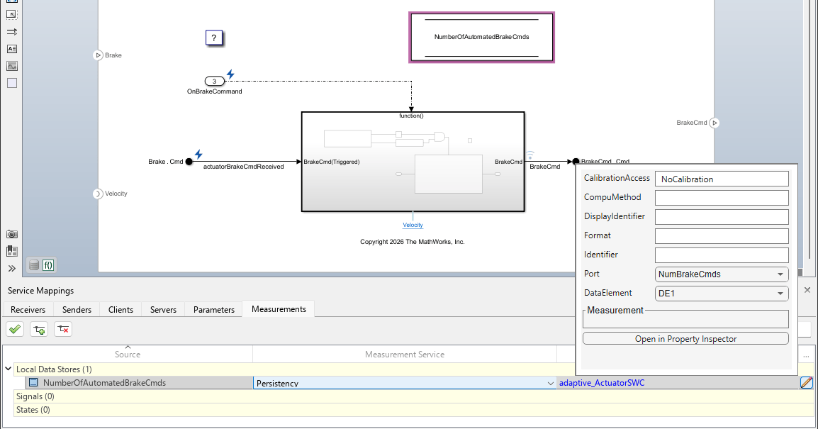 Service Mappings editor Measurements tab showing Unit Delay blocks mapped to AUTOSAR persistency provided-required ports and key value interface data elements.