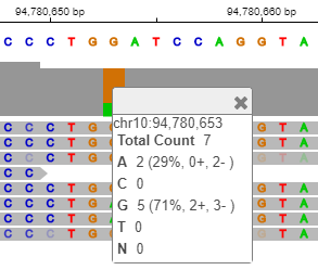 Image of aligned reads with overlapping context menu in IGV. The context menu shows the counts of A, C, G, T, N.