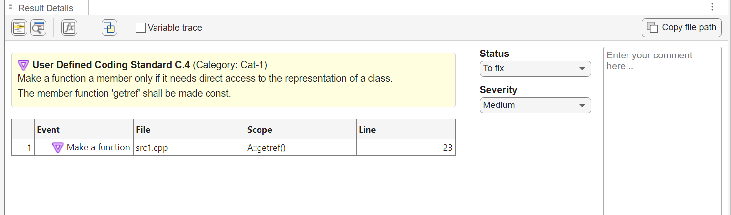 Result Details pane showing a violation of the coding rule C.4 from the User-Defined Coding Standard.