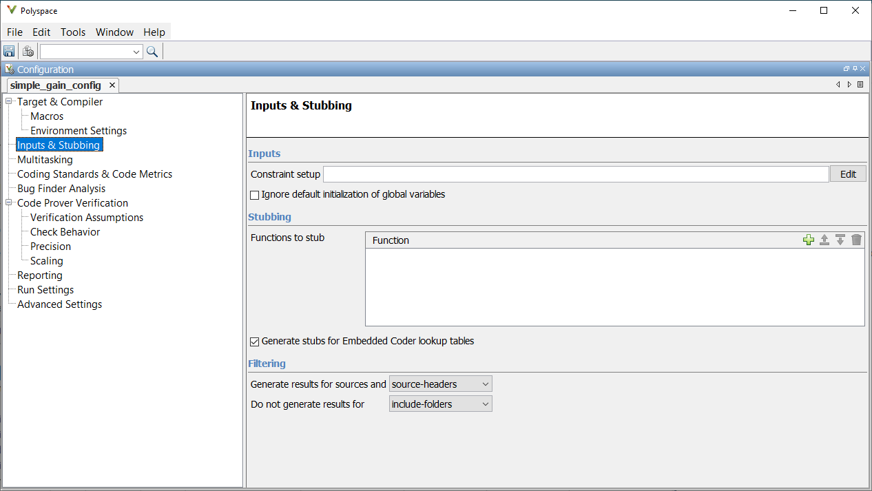 A snapshot of a Polyspace configuration showing the Inputs & Stubbing section.