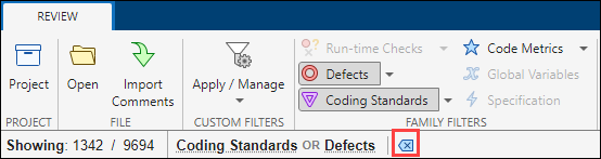 The clear filters icon shows underneath the toolstrip next to all currently applied filters.