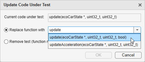 Update Code Under Test Dialog box. The Replace function with drop-down list shows a list of functions to select from.