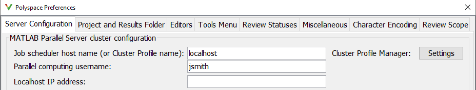 Example server configuration in Polyspace Preferences.