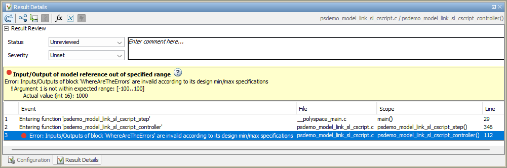 Polyspace Results Details window showing a red violation of the check Input/Output of model reference out of specified range.