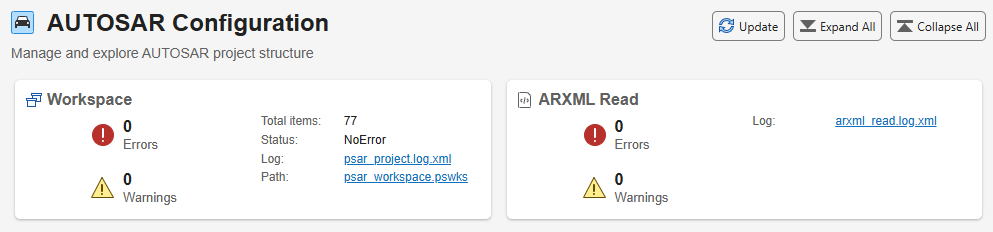 Summary of workspace and ARXML read operations. No errors occurred.