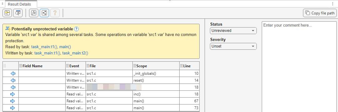 Code Prover analysis example where a potentially unprotected variable finding shows several tasks sharing the same variable.