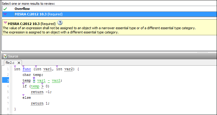 The Result Details pane shows both an overflow and a violation of MISRA C:2012 Rule 10.3.