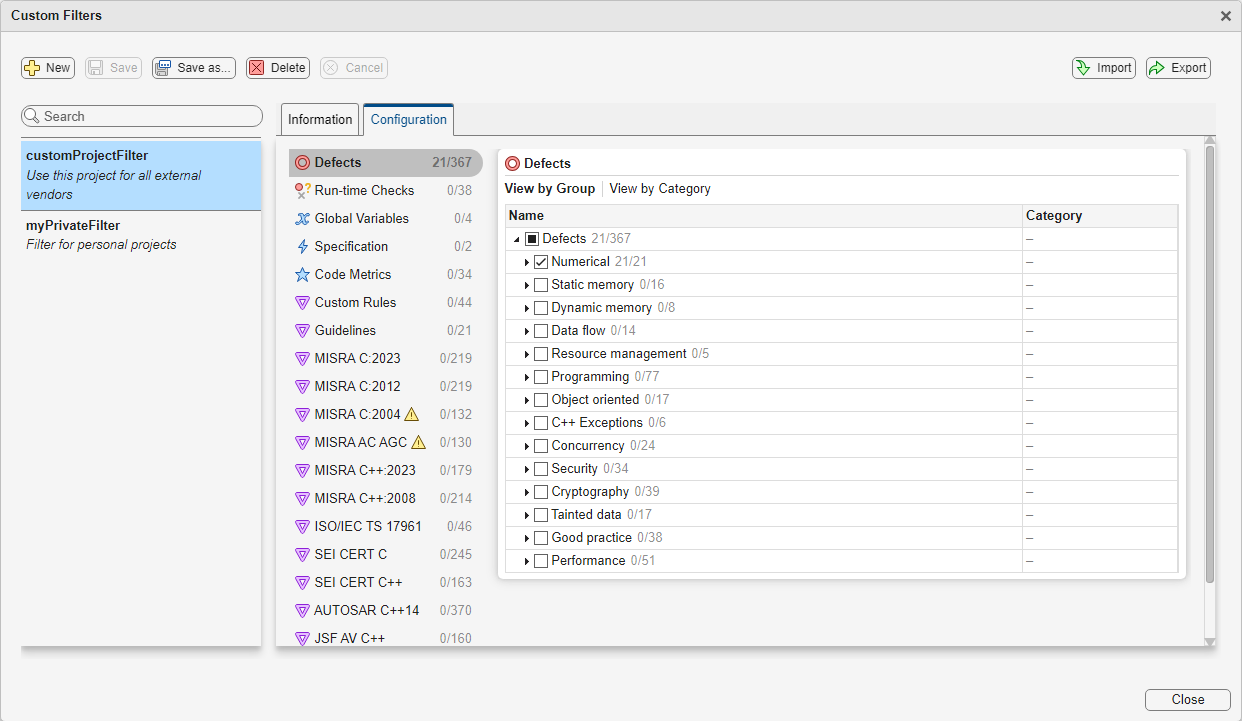 Polyspace Platform custom filters configuration window