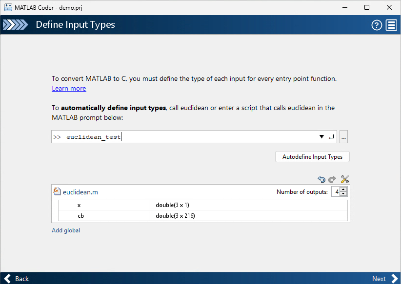 Define Input Types page of the MATLAB Coder app