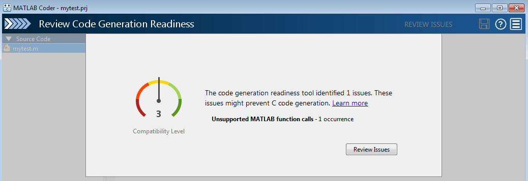 Review Code Generation Readiness app window, showing one identified issue