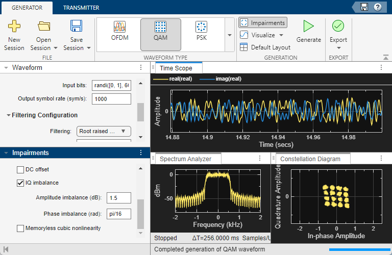 Wireless Waveform Generator app display of 16QAM waveform with IQ imbalance and RRC filtering.