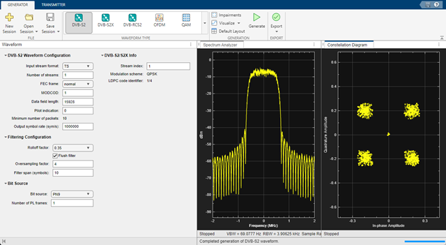 DVB-S2 Waveform Generator app default configuration