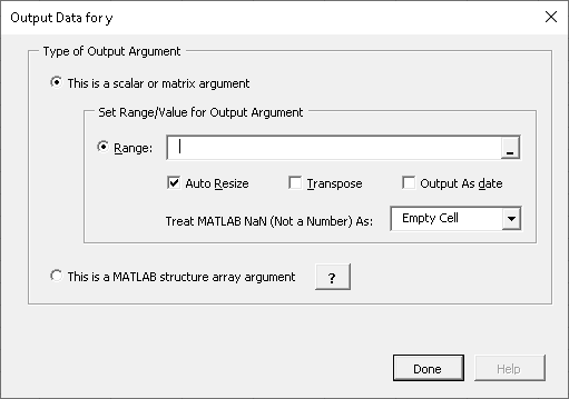 The Output Data for y panel for specifying output arguments