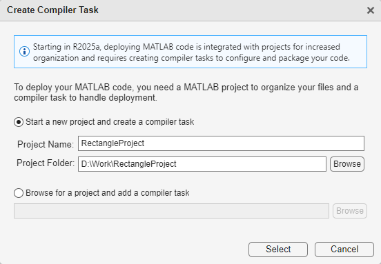 Create compiler task dialog box with the text 'compiler tasks must be associated with a MATLAB project. Projects can help you organize code and other development content.' The option 'Add compiler task to new project' is selected.
