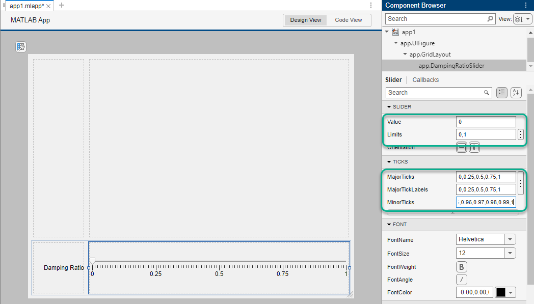 The slider component is shown in the bottom row of the grid layout. In the Component Browser, the initial slider value is set to 0 and the slider limits are set to 0,1. The tick configuration is also highlighted.