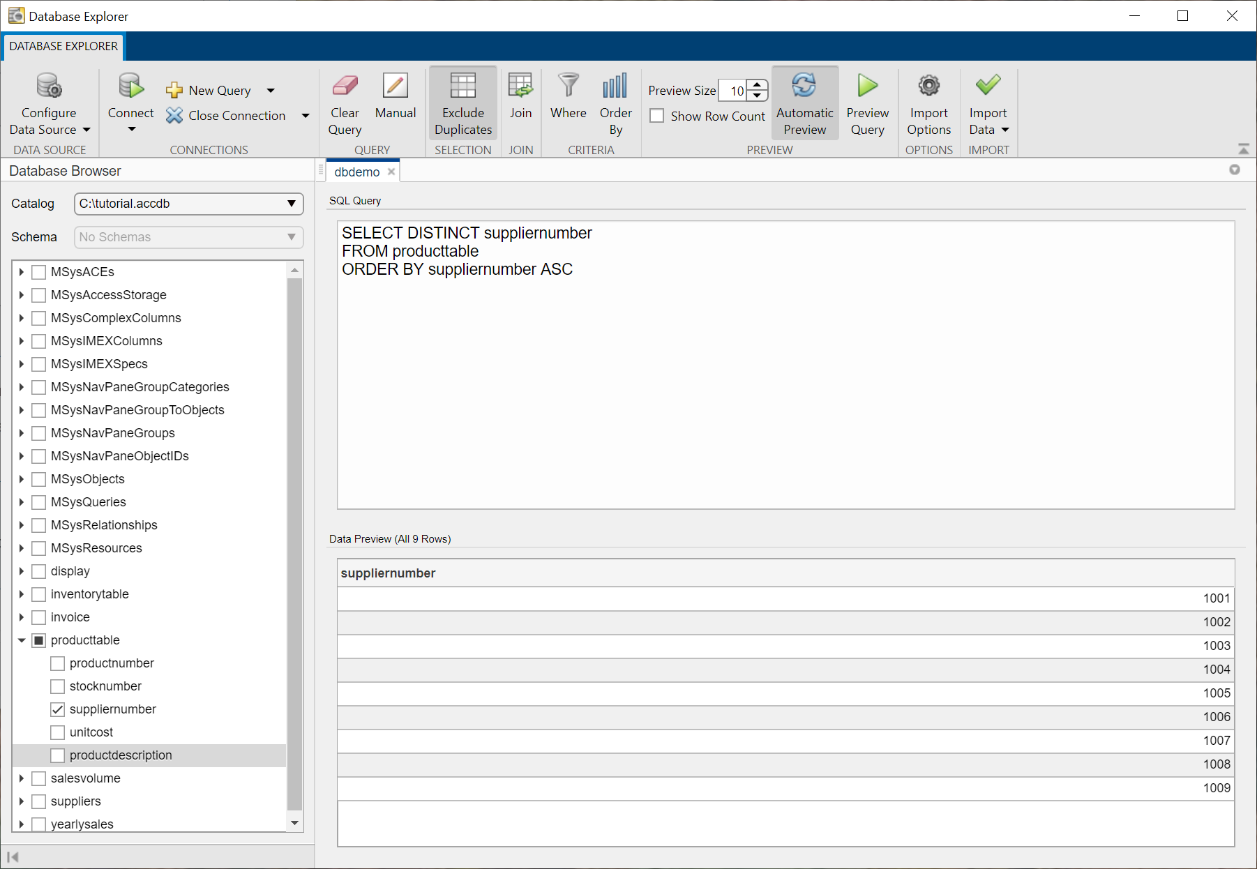 The Database Browser pane shows the selected table productTable in the Database Explorer app with the suppliernumber column selected. The SQL Query pane shows the SQL SELECT statement to select the unique supplier numbers by using the SQL DISTINCT statement. The Data Preview pane displays all nine rows that show unique values.