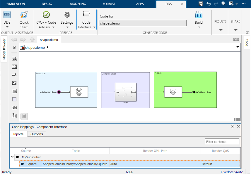 The Code Mappings for the Shapes Demo model shows the Inport tab open and the Square topic mapped to the import.