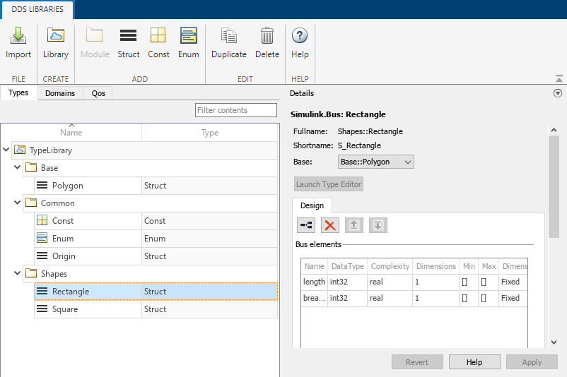 DDS dictionary with the Types tab displaying Base, Common, and Shapes modules with their respective types.