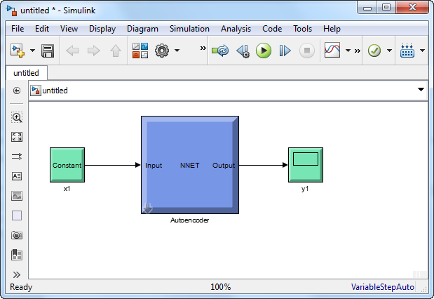 Simulink model. The model passes constant x1 to a the autoencoder block. The autoencoder block passes its output to a scope block y1.