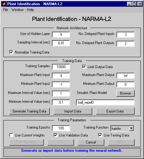 Screenshot of the Plant Identification - NARMA-L2 window