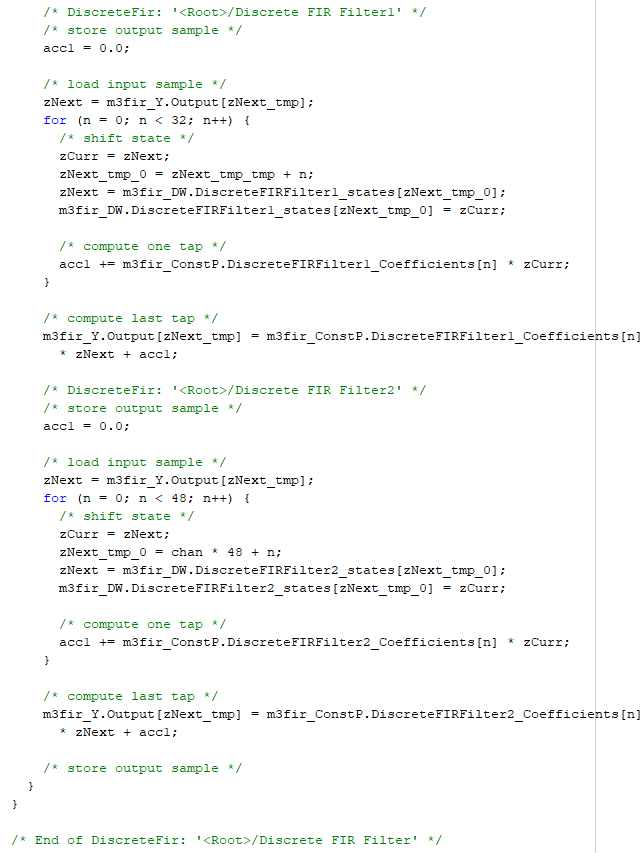 This image contains two for loops with the iteration index n. These loops correspond to the last two Discrete FIR Filter blocks.