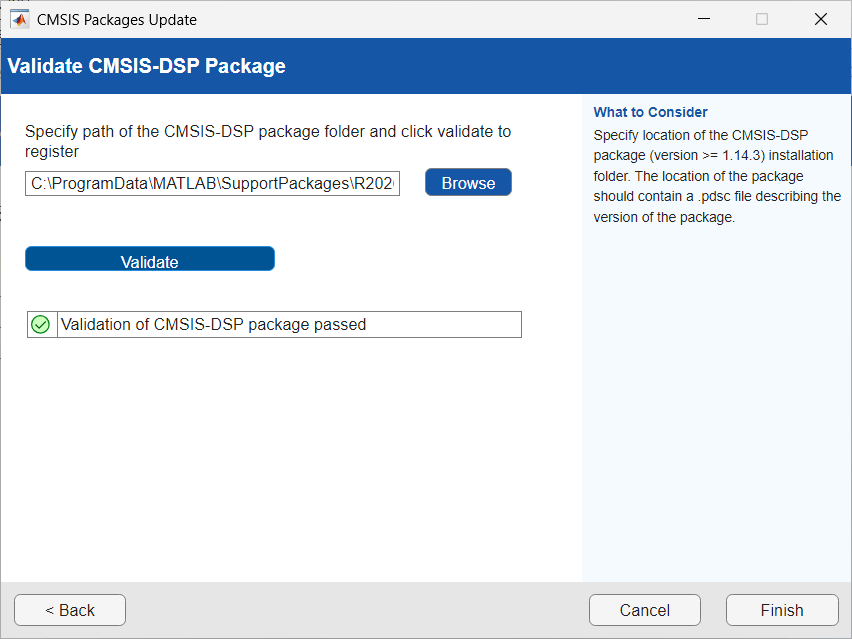 Validate CMSIS-DSP package window which has the option to browse the CMSIS-DSP package folder and a validate button.