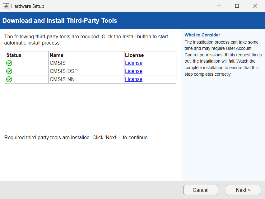 Hardware Setup window displaying the Download and Install Third‑Party Tools step. A table lists CMSIS, CMSIS‑DSP, and CMSIS‑NN, each marked with a green check indicating successful installation, with License links beside each item. A message at the bottom confirms installation is complete and instructs the user to click Next to proceed.