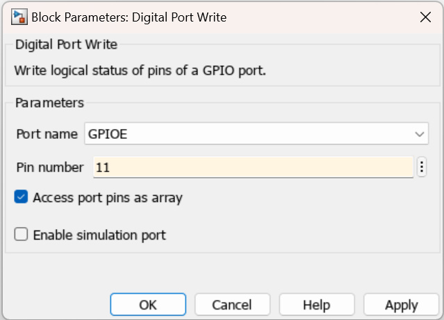 Block configuration parameters for PWM Output block in STM32 library