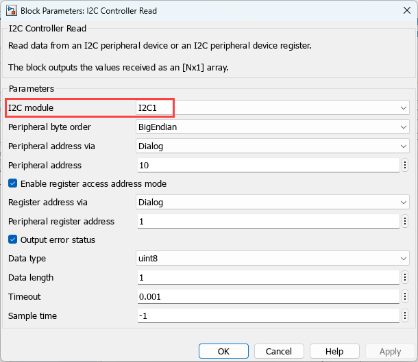 Block configuration parameters for I2C Controller Read block in STM32 library